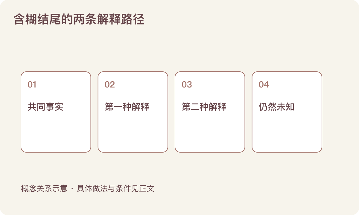 含糊结尾的两条解释路径：共同事实；第一种解释；第二种解释；仍然未知