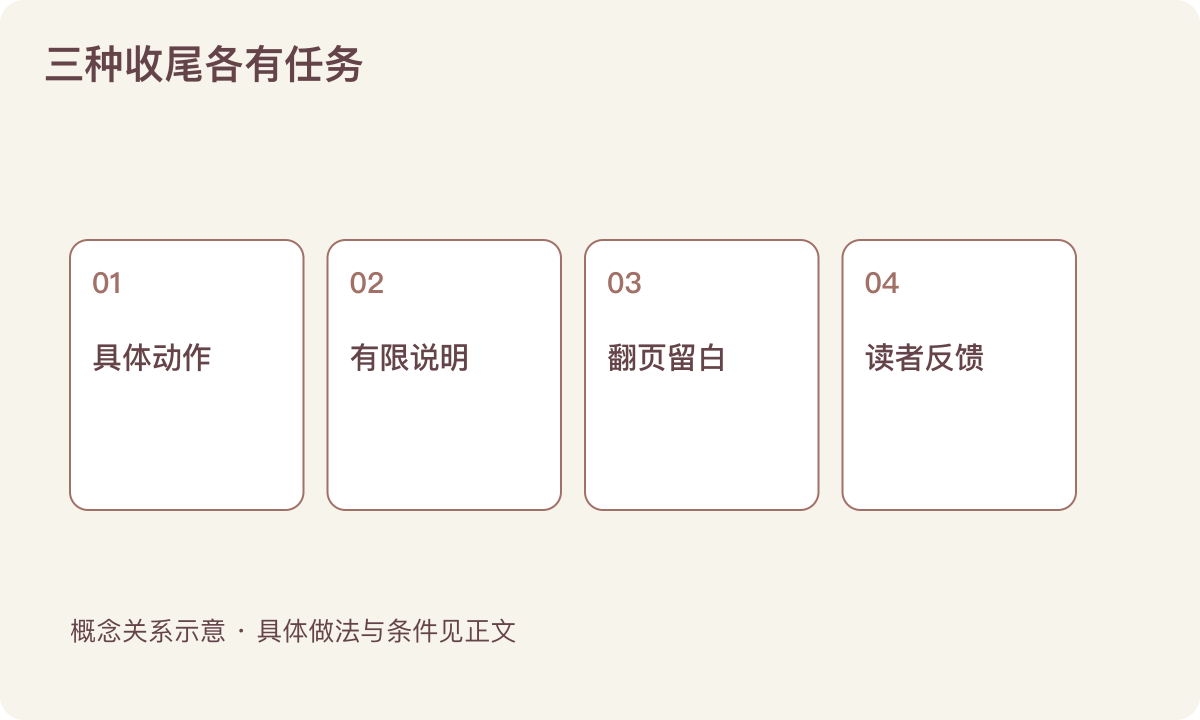 三种收尾各有任务：具体动作；有限说明；翻页留白；读者反馈