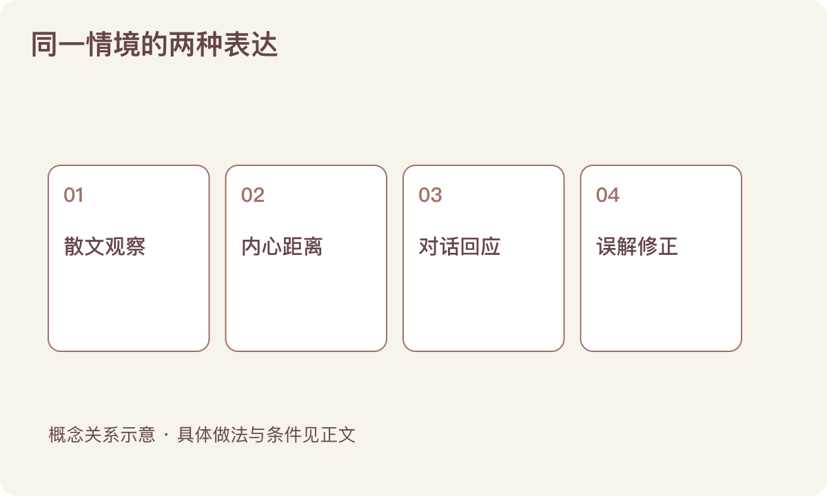 同一情境的两种表达：散文观察；内心距离；对话回应；误解修正